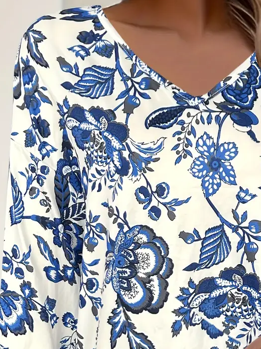 T-shirts Décontracté Floral Printemps / Automne Col V Imprimé Coupe Régulière Jersey Manches Longues Régulier pour Femmes