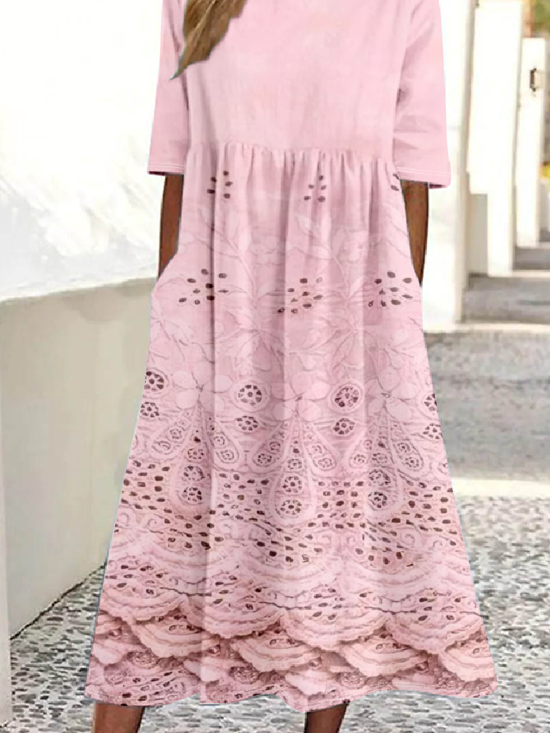 Femmes Motif dégradé Blanc Col Rond Confortable Robe Maxi Rétro