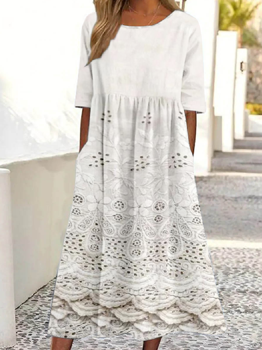 Femmes Motif dégradé Blanc Col Rond Confortable Robe Maxi Rétro