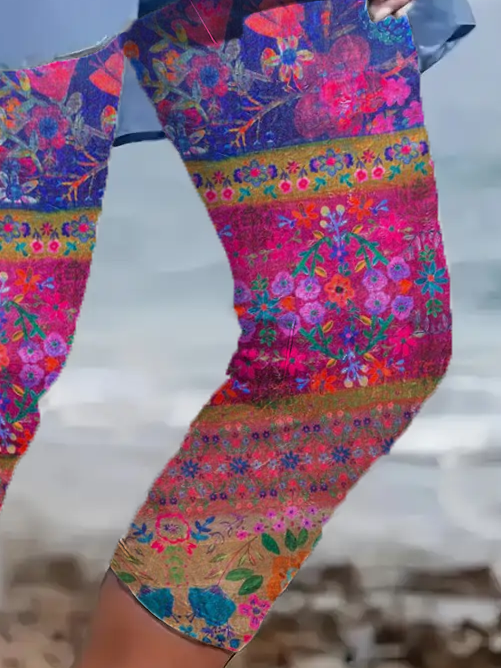 Pantalons Femmes Décontracté Floral Été Imprimé Naturel Aucune élasticité Coupe Régulière Droit Régulier