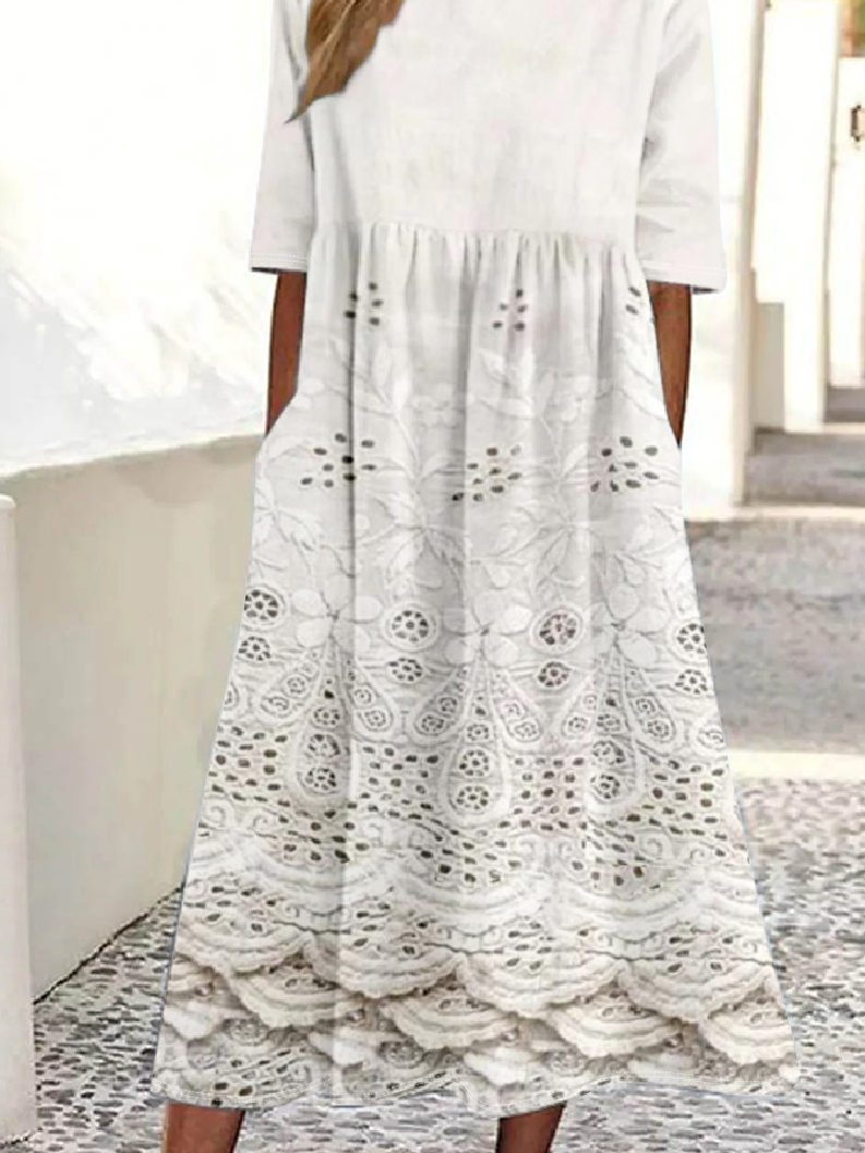 Femmes Motif dégradé Blanc Col Rond Confortable Robe Maxi Rétro