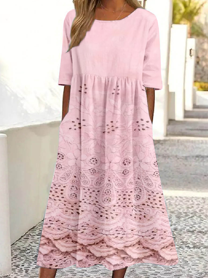 Femmes Motif dégradé Blanc Col Rond Confortable Robe Maxi Rétro