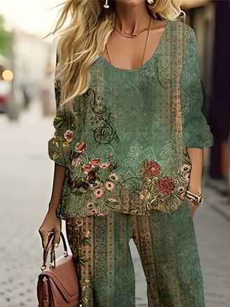 Deux Pièces Ensembles Femmes Décontracté Floral Printemps / Automne Polyester Imprimé Quotidien Top Avec Pantalons Droit T.-N.-L.