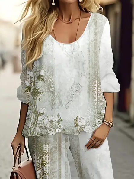 Deux Pièces Ensembles Décontracté Floral Printemps / Automne Polyester Imprimé Naturel Aucune élasticité Ample Droit pour Femmes