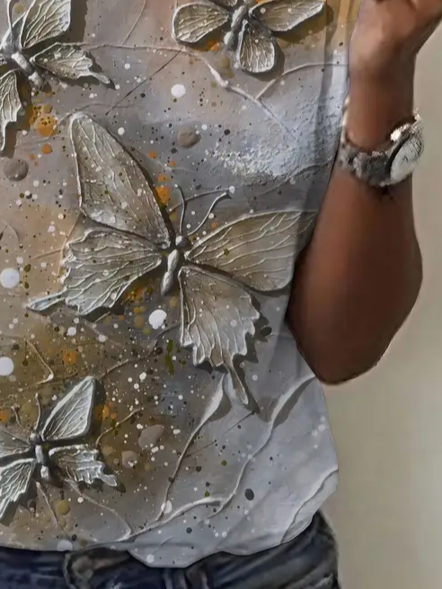 T-shirts Décontracté Été Papillon Imprimé Micro-élasticité Ample Jersey Manches Courtes Régulier pour Femmes