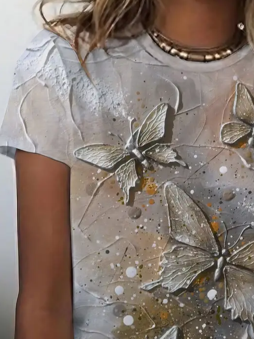 T-shirts Décontracté Été Papillon Imprimé Micro-élasticité Ample Jersey Manches Courtes Régulier pour Femmes