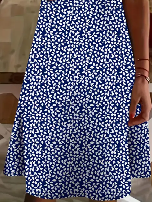 Femmes Floral Bleu Col V Confortable Imprimé Robe de Longueur Au Genou Décontracté