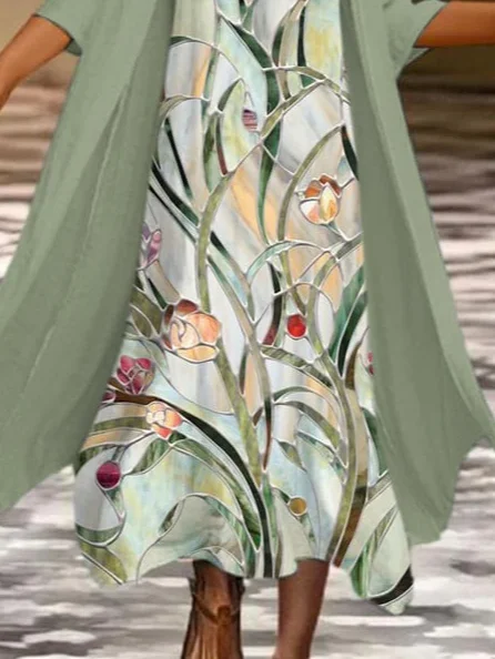 Deux Pièces Ensembles Femmes Décontracté Floral Printemps / Automne Naturel Micro-élasticité Coupe Régulière Devant Ouvert Manches trois quarts Col Rond