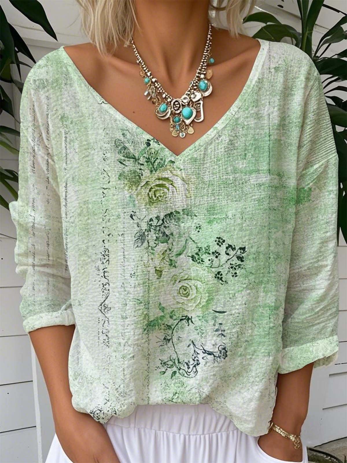 T-shirts Rétro Printemps / Automne impression en 3D Col V Aucune élasticité Quotidien Jersey Manches Longues 2025POD pour Femmes