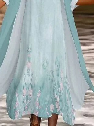 Deux Pièces Ensembles Décontracté Floral Printemps / Automne Imprimé Naturel Devant Ouvert Col Rond Manteau avec jupe Régulier pour Femmes