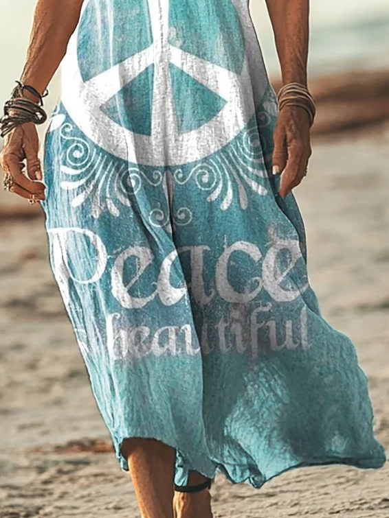 Femmes de Hippie Vert Col V Confortable Imprimé Robe Maxi Décontracté