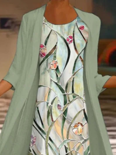 Deux Pièces Ensembles Femmes Décontracté Floral Printemps / Automne Naturel Micro-élasticité Coupe Régulière Devant Ouvert Manches trois quarts Col Rond