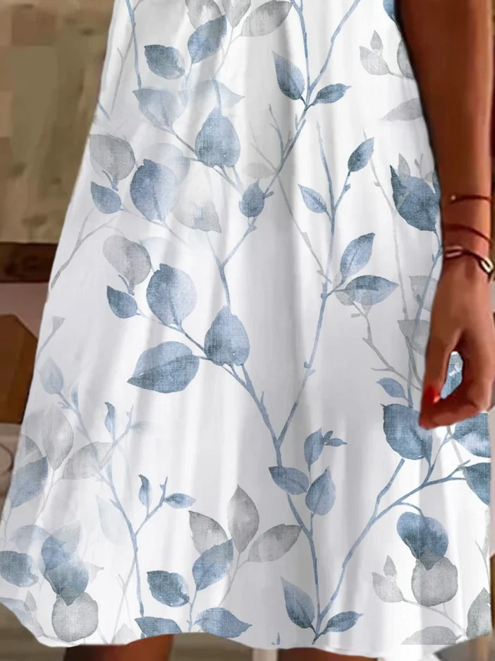 Femmes Floral Blanc Col V Confortable Imprimé Robe de Longueur Au Genou Décontracté