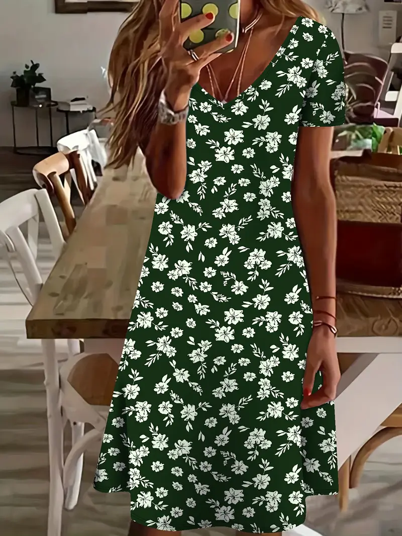 Femmes Floral Vert Col V Confortable Imprimé Robe de Longueur Au Genou Décontracté