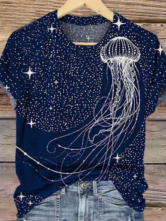 T-shirts Femmes Décontracté Été Ciel Étoilé Coupe Régulière Manches Courtes Col Rond Régulier Droit Régulier