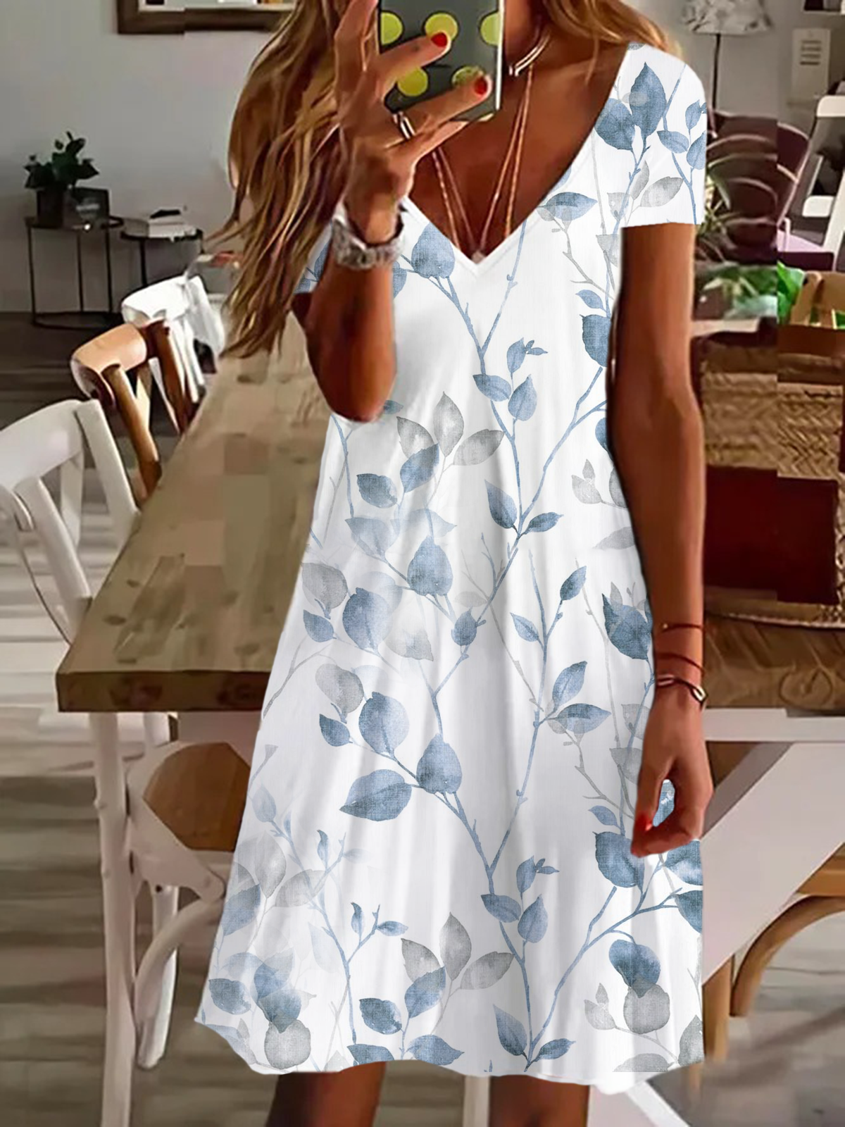 Femmes Floral Blanc Col V Confortable Imprimé Robe de Longueur Au Genou Décontracté