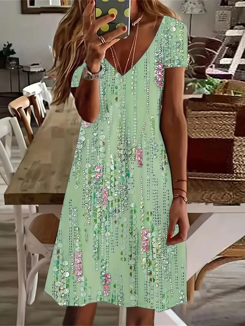 Femmes Floral Vert Col V Confortable Imprimé Robe de Longueur Au Genou Décontracté