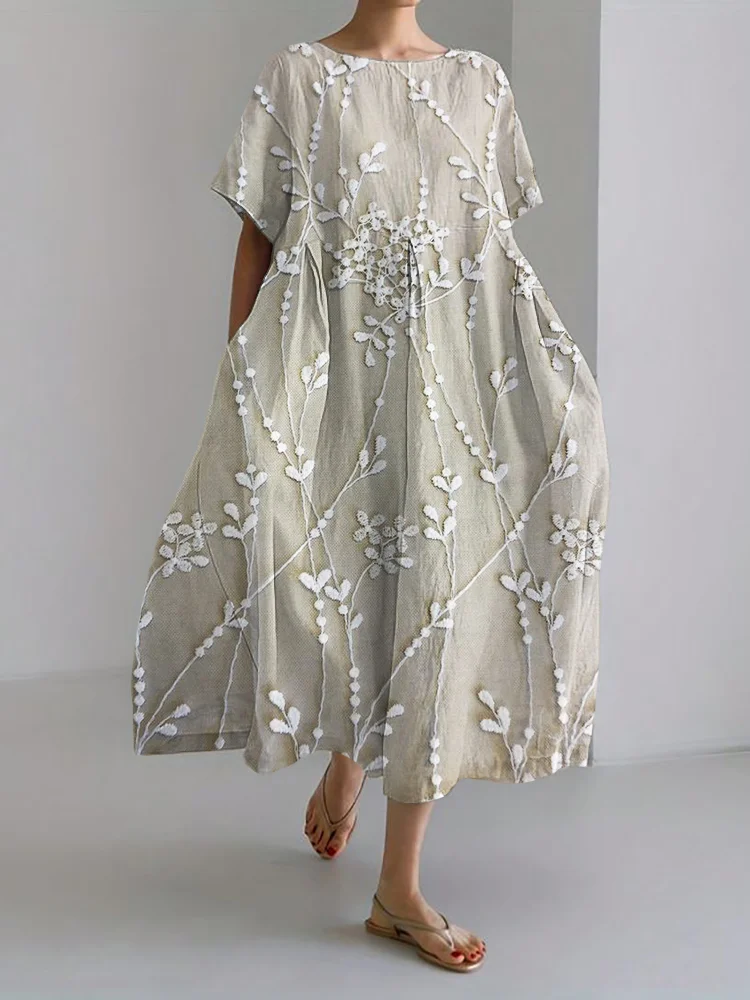 Femmes Floral Motif Blanc Col Rond Confortable Robe Maxi Décontracté