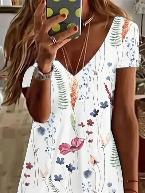 Femmes Floral Blanc Col V Confortable Imprimé Robe de Longueur Au Genou Décontracté