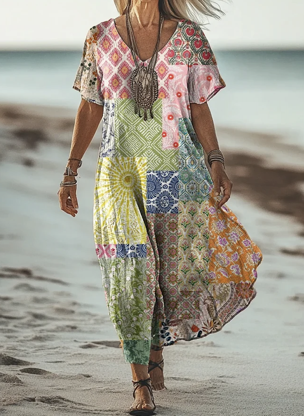 Femmes Géométrique Comme Image Col V Confortable Robe Maxi Décontracté