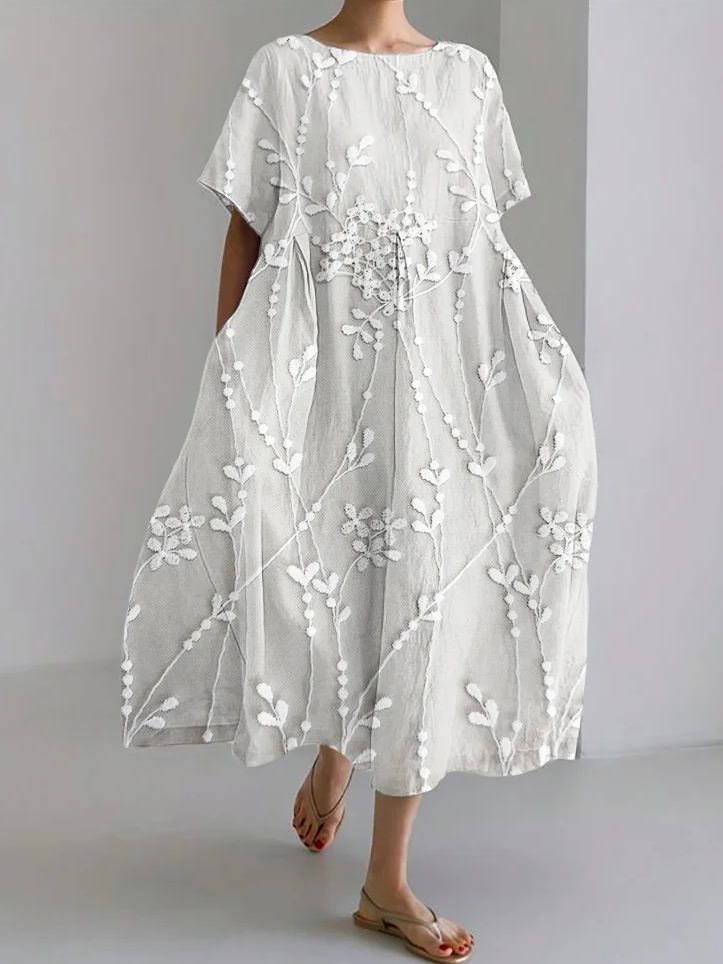 Femmes Floral Motif Blanc Col Rond Confortable Robe Maxi Décontracté
