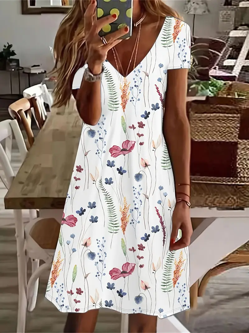Femmes Floral Blanc Col V Confortable Imprimé Robe de Longueur Au Genou Décontracté