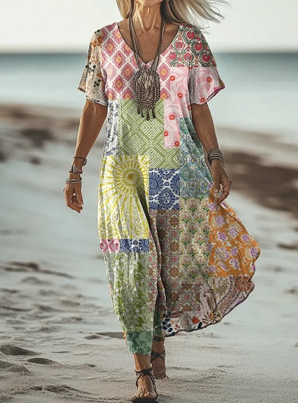 Femmes Géométrique Comme Image Col V Confortable Robe Maxi Décontracté