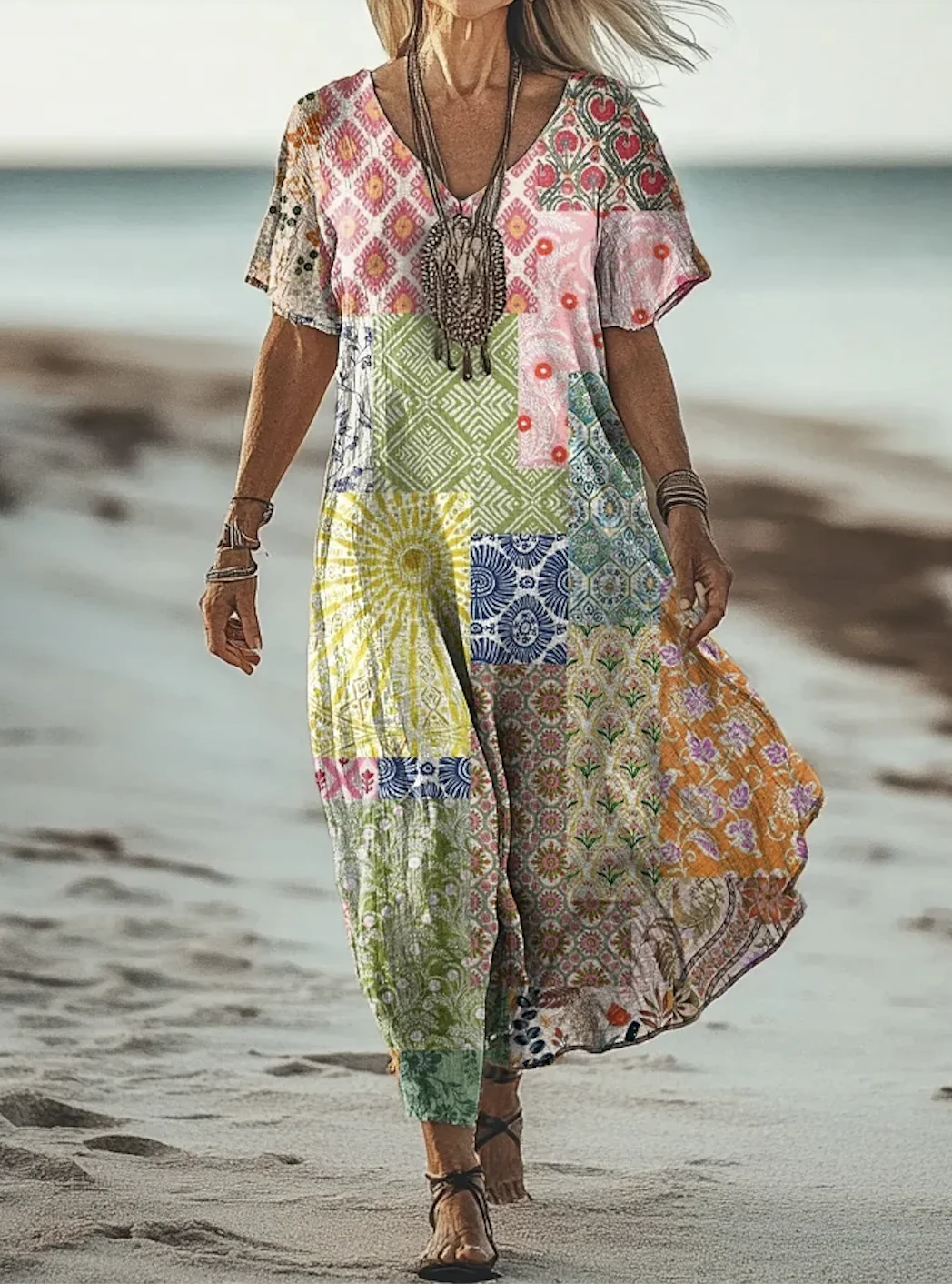 Femmes Géométrique Comme Image Col V Confortable Robe Maxi Décontracté