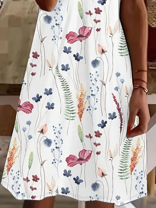 Femmes Floral Blanc Col V Confortable Imprimé Robe de Longueur Au Genou Décontracté