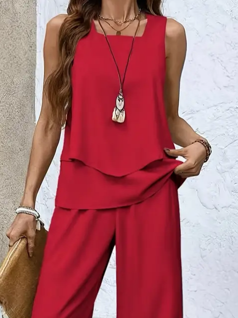 Deux Pièces Ensembles Décontracté Plain Été Naturel Aucune élasticité Quotidien Coupe Régulière Top Avec Pantalons Trapèze pour Femmes