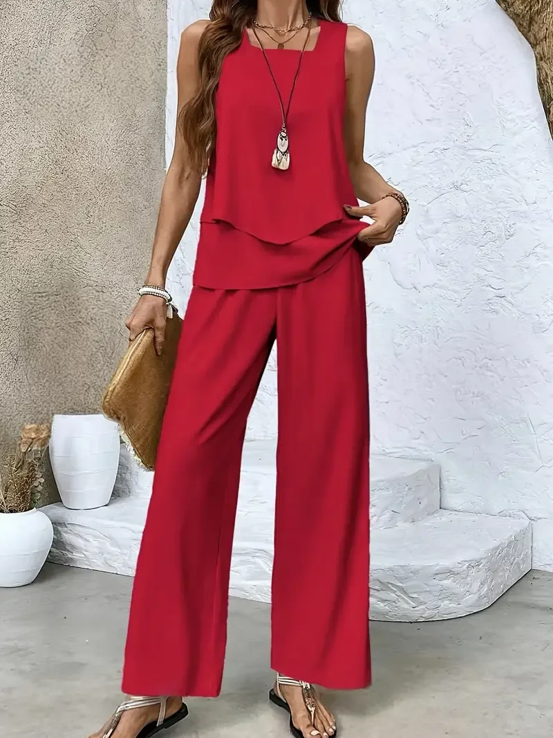 Deux Pièces Ensembles Décontracté Plain Été Naturel Aucune élasticité Quotidien Coupe Régulière Top Avec Pantalons Trapèze pour Femmes