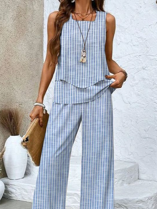 Deux Pièces Ensembles Femmes Rayé Décontracté Été Polyester Aucune élasticité Coupe Régulière Col Rond Top Avec Pantalons Trapèze