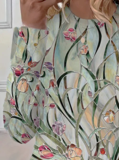 T-shirts Décontracté Floral Printemps / Automne Imprimé Micro-élasticité Quotidien Jersey Manches Longues Régulier pour Femmes