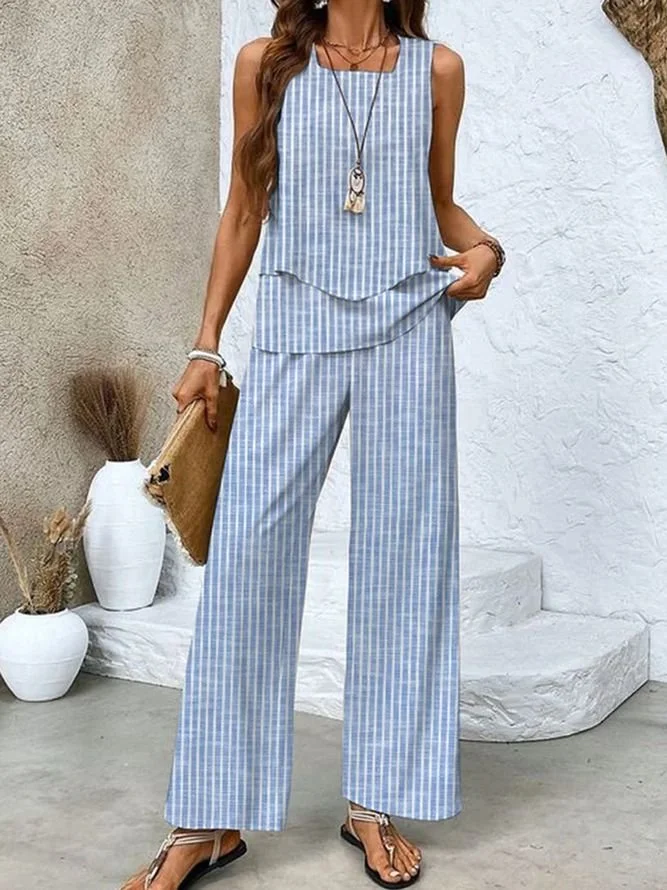 Deux Pièces Ensembles Femmes Rayé Décontracté Été Polyester Aucune élasticité Coupe Régulière Col Rond Top Avec Pantalons Trapèze