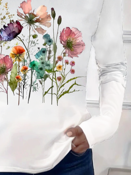 T-shirts Femmes Décontracté Floral Printemps / Automne Imprimé Micro-élasticité Quotidien Jersey Manches Longues Régulier