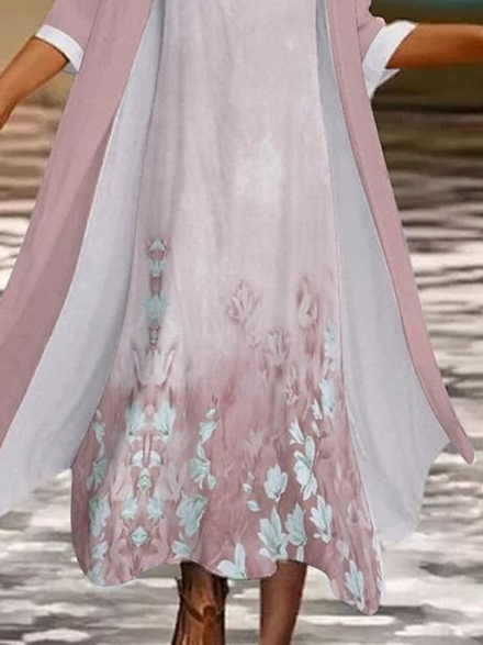 Deux Pièces Ensembles Décontracté Floral Printemps / Automne Naturel Coupe Régulière Manches trois quarts Col Rond Trapèze Dakota du Sud pour Femmes