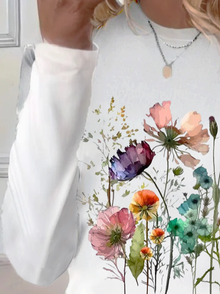 T-shirts Femmes Décontracté Floral Printemps / Automne Imprimé Micro-élasticité Quotidien Jersey Manches Longues Régulier