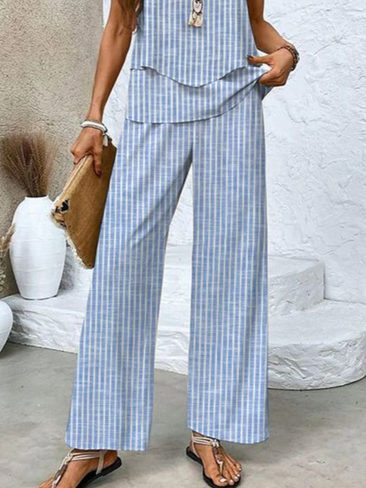 Deux Pièces Ensembles Femmes Rayé Décontracté Été Polyester Aucune élasticité Coupe Régulière Col Rond Top Avec Pantalons Trapèze