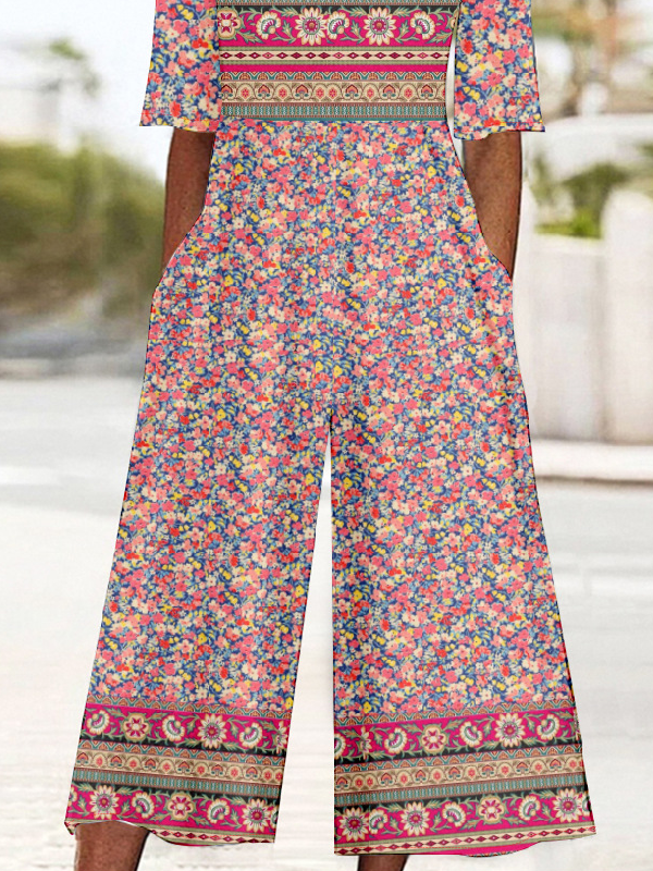 Combinaisons Femmes Rétro Ethnique Été Polyester Col V Micro-élasticité Pantalon à la cheville T-shirt Droit