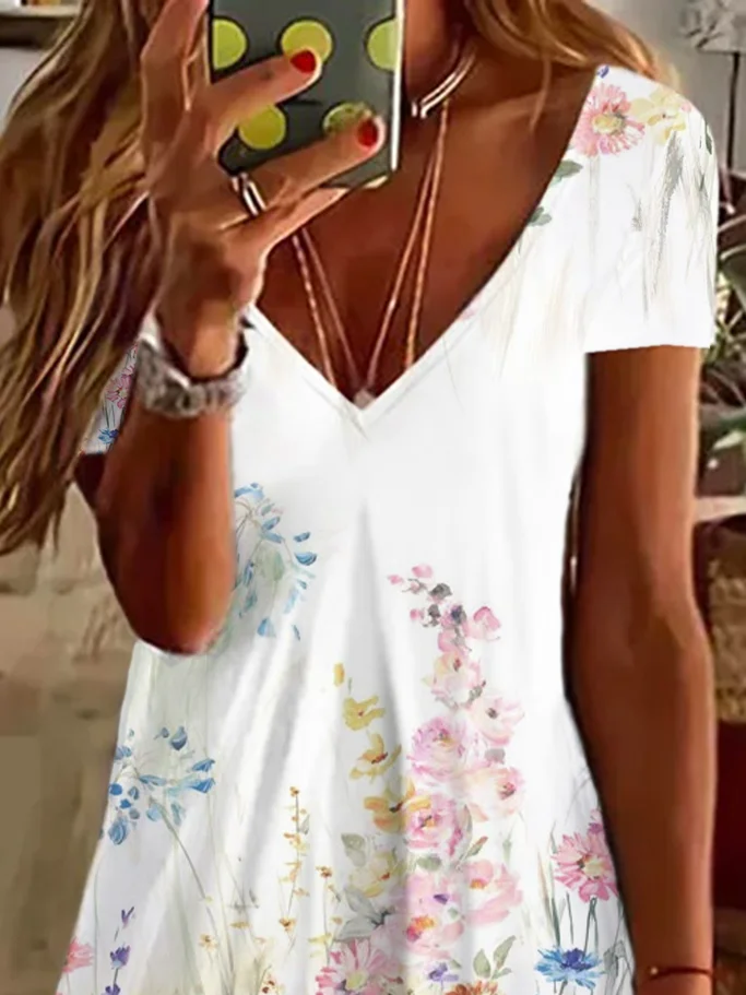 Femmes Floral Blanc Col V Confortable Imprimé Robe de Longueur Au Genou Décontracté