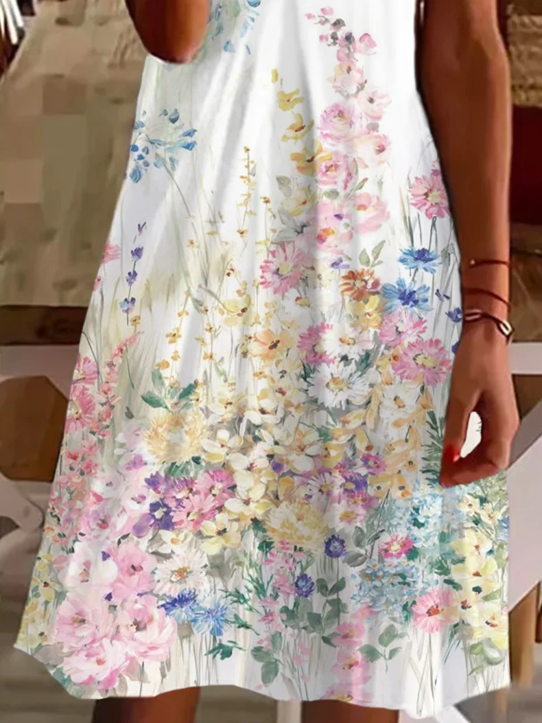 Femmes Floral Blanc Col V Confortable Imprimé Robe de Longueur Au Genou Décontracté