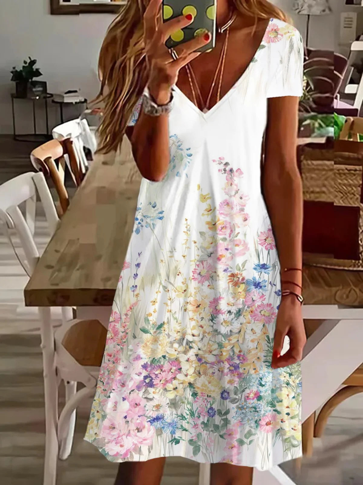 Femmes Floral Blanc Col V Confortable Imprimé Robe de Longueur Au Genou Décontracté