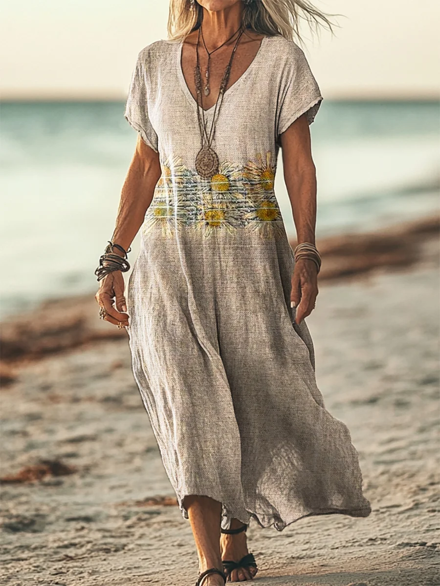 Femmes Floral Abricot Col V Confortable Imprimé Robe Maxi Décontracté