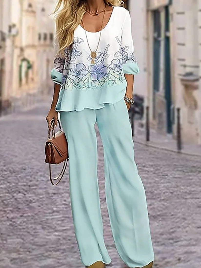 Deux Pièces Ensembles Femmes Décontracté Floral Printemps / Automne Imprimé Aucune élasticité Ample Manches Longues Top Avec Pantalons T.-N.-L.