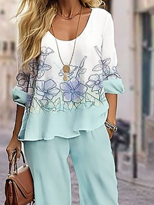 Deux Pièces Ensembles Femmes Décontracté Floral Printemps / Automne Imprimé Aucune élasticité Ample Manches Longues Top Avec Pantalons T.-N.-L.
