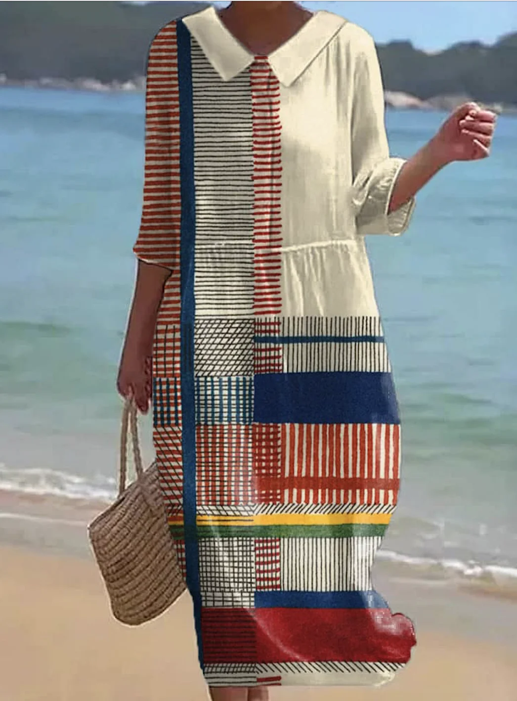 Femmes Géométrique Abricot Col Rond Confortable Robe Maxi Décontracté