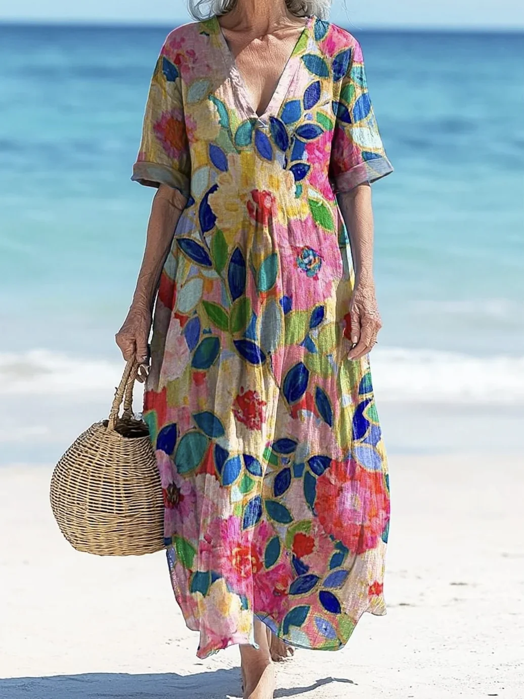 Femmes Floral Rose Col V Confortable Robe Maxi Décontracté