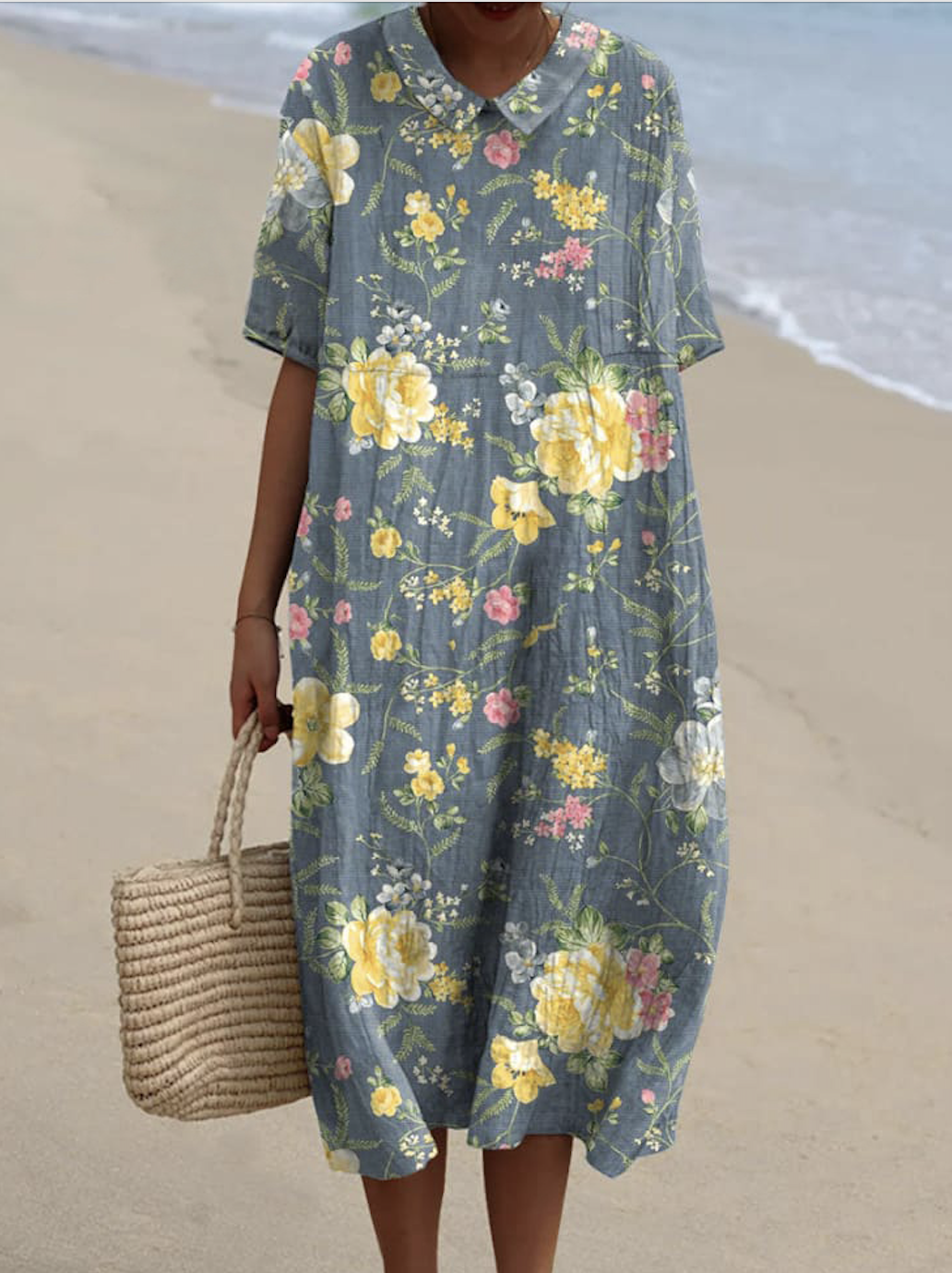 Femmes Floral Bleu Clair Col Rond Confortable Robe Maxi Décontracté