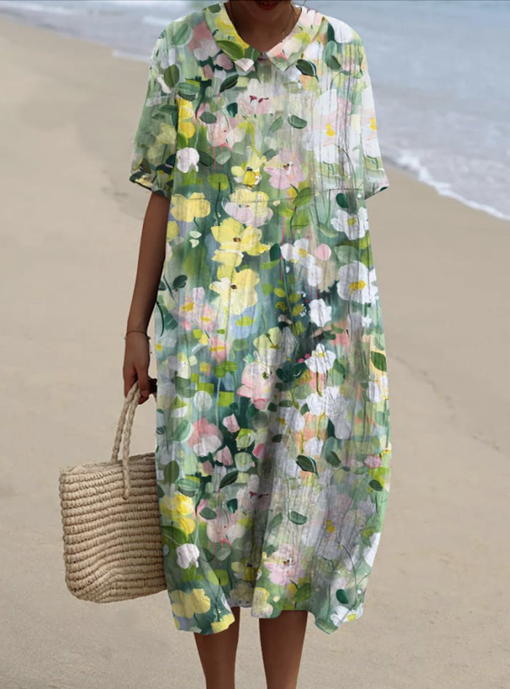Femmes Floral Vert Clair Col Rond Confortable Robe Maxi Décontracté