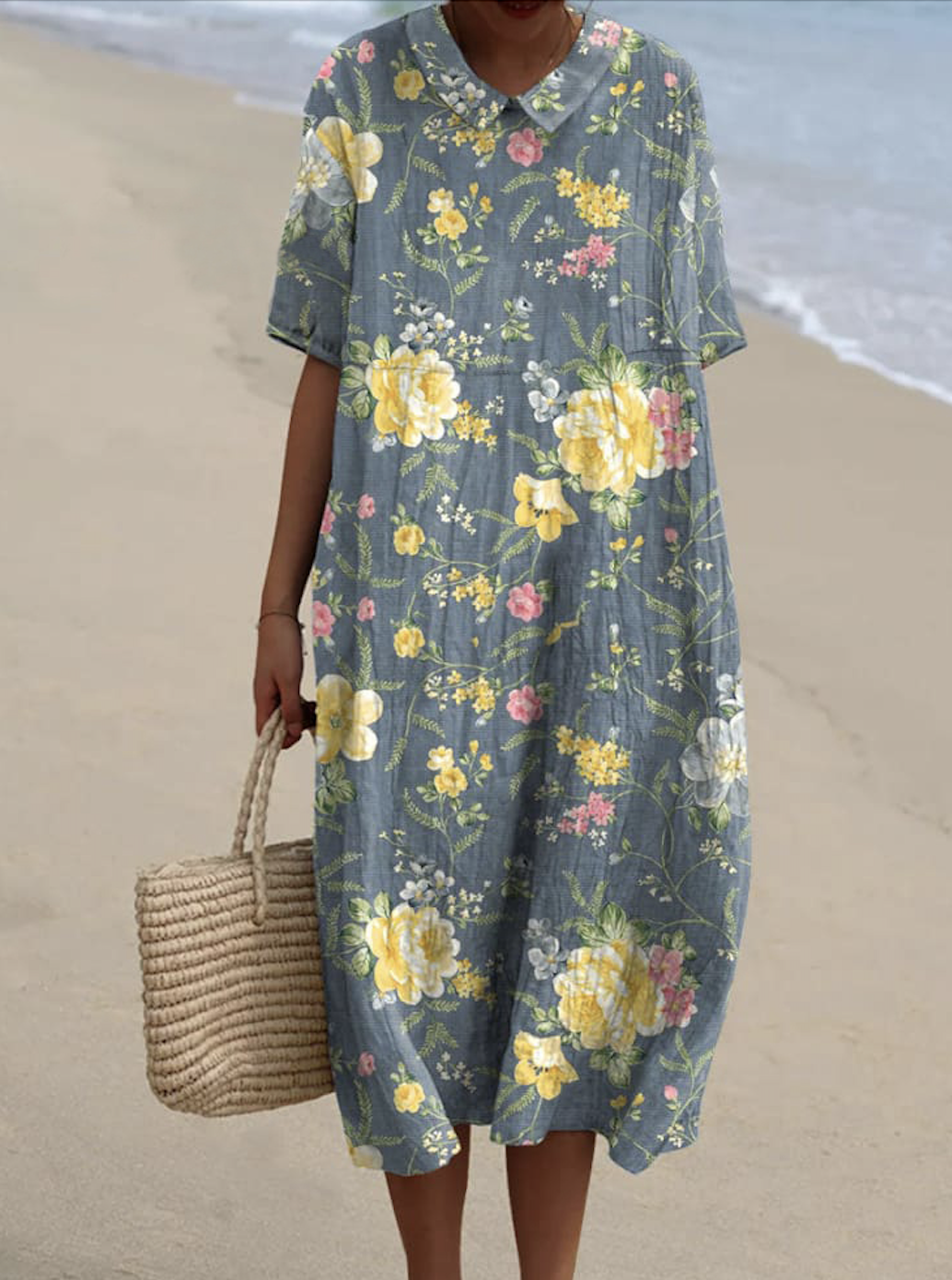 Femmes Floral Bleu Clair Col Rond Confortable Robe Maxi Décontracté